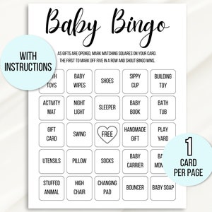 Pu&ograve; includere: Una scheda di bingo per bambini stampabile con un design in bianco e nero. La scheda ha 25 caselle con articoli per bambini come salviette per bambini, scarpe, tazza con beccuccio, giocattolo da costruzione, tappetino per attivit&agrave;, luce notturna, sacco a pelo, libro per bambini, vasca da bagno, buono regalo, altalena, regalo fatto a mano, parco giochi, utensili, cuscino, calzini, marsupio, baby monitor, peluche, seggiolone, fasciatoio, dondolo e sapone per bambini. La scheda ha anche uno spazio libero al centro. Il testo "1 scheda per pagina" &egrave; nell'angolo in basso a destra.