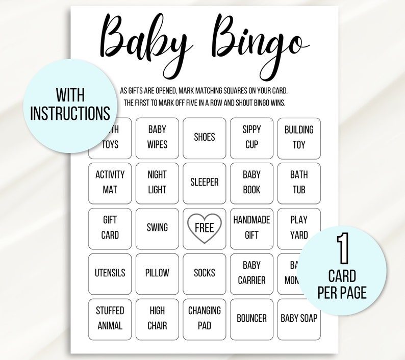 Pu&ograve; includere: Una scheda di bingo per bambini stampabile con un design in bianco e nero. La scheda ha 25 caselle con articoli per bambini come salviette per bambini, scarpe, tazza con beccuccio, giocattolo da costruzione, tappetino per attivit&agrave;, luce notturna, sacco a pelo, libro per bambini, vasca da bagno, buono regalo, altalena, regalo fatto a mano, parco giochi, utensili, cuscino, calzini, marsupio, baby monitor, peluche, seggiolone, fasciatoio, dondolo e sapone per bambini. La scheda ha anche uno spazio libero al centro. Il testo "1 scheda per pagina" &egrave; nell'angolo in basso a destra.