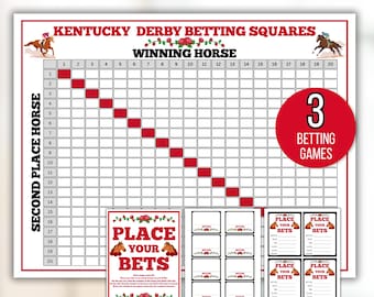 May include: A printable Kentucky Derby betting squares game with a red and white grid, a red diagonal line, and three betting game cards. The game is for 20 players and includes instructions to place bets.