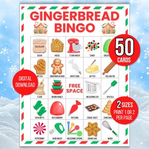 Gingerbread Bingo, 50 Gingerbread Bingo Cards, Christmas Baking Bingo Cards, Baking Bingo, Christmas Activity, Christmas Game, Baking Game