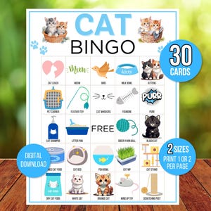 Bingo avec chat, 30 cartes de bingo avec chat à imprimer, jeu de fête d'anniversaire de chat, jeu de fête de chat, bingo avec chaton, jeux de société minou, bingo de fête d'anniversaire