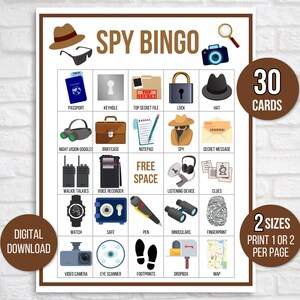 Spy Bingo, 30 Printable Spy Bingo Cards, Spy Party Game, Spy Activity, Spy Birthday Party Bingo, Spy Themed Party, Secret Agent Game