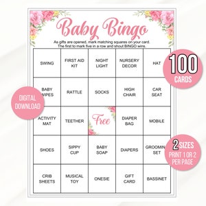 100 tarjetas de bingo para baby shower, tarjetas de juego de bingo para niñas, tarjetas de bingo de regalo para bebés, juego de bingo para baby shower, bingo para niñas, juego de baby shower