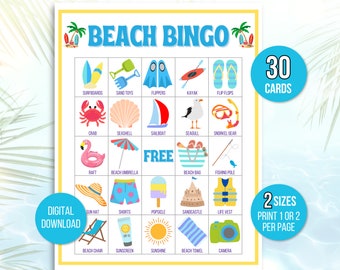 Beach Bingo, Fun in the Sun Bingo, 30 Printable Beach Bingo Cards, Beach Game, Beach Activity, Kid's Printable Bingo Game, Bingo for Kids