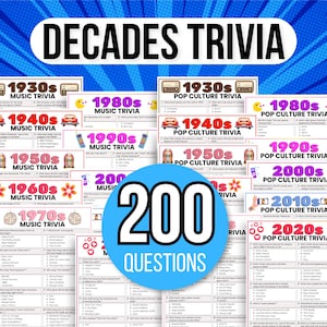 May include: A collection of trivia game cards with the title "Decades Trivia" and the text "200 Questions". The cards cover music and pop culture from the 1930s to the 2020s, with each decade having its own set of trivia questions.