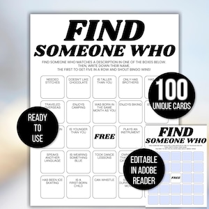 Find Someone Who Bingo, Find Someone Who Bingo Template, Get to Know You Bingo, Find the Guest Bingo, Icebreaker Game, Icebreaker Bingo Game