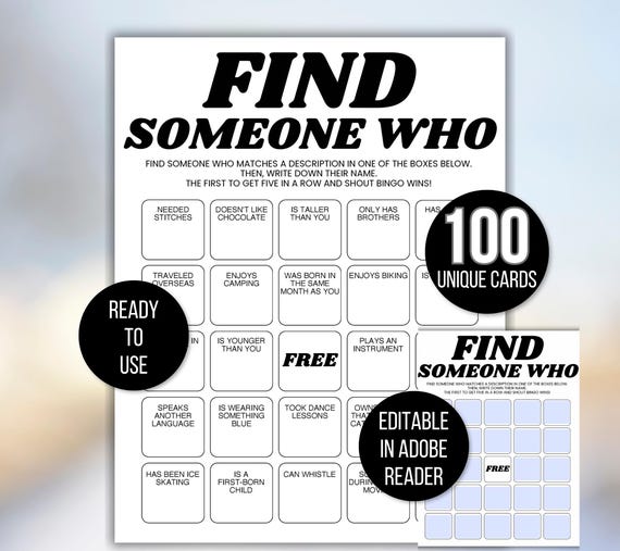 Find Someone Who Bingo, Find Someone Who Bingo Template, Get to Know You Bingo, Find the Guest Bingo, Icebreaker Game, Icebreaker Bingo Game