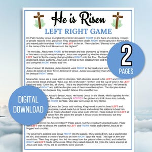 May include: A printable game for kids about the story of Jesus' resurrection. The game is titled "He is Risen" and features a left and right game. The game is two pages long and includes a digital download option.