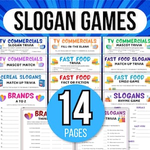 May include: A collection of 14 pages of Slogan Games, including trivia and matching games about TV commercials, fast food, and cereal brands. The pages are colorful and feature various game formats.