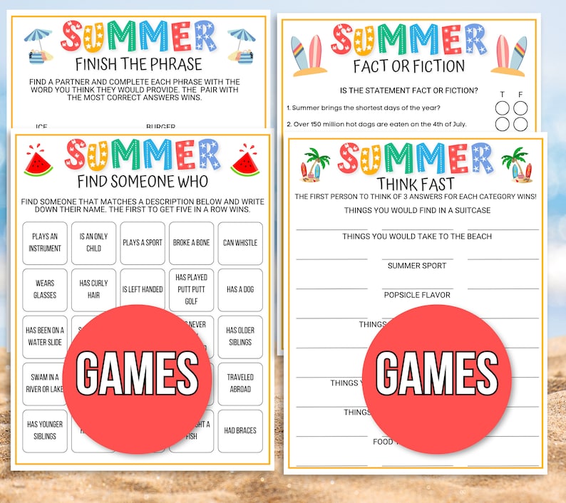 Puede incluir: Cuatro tarjetas de juego de verano imprimibles con ilustraciones coloridas de sand&iacute;a, palmeras y tablas de surf. Las tarjetas incluyen juegos como "Completa la frase", "Encuentra a alguien que", "Verdad o mentira", y "Piensa r&aacute;pido".