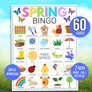 Bingo de primavera, 60 cartões de bingo de primavera para impressão, jogo de festa de primavera, atividade de primavera, jogo de primavera, jogo de primavera, bingo de Páscoa, jogo de Páscoa