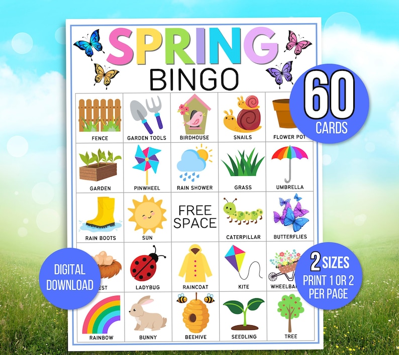 Spring Bingo, 60 Printable Spring Bingo Cards, Spring Party Game, Spring Activity, Spring Game, Springtime Game, Easter Bingo, Easter Game