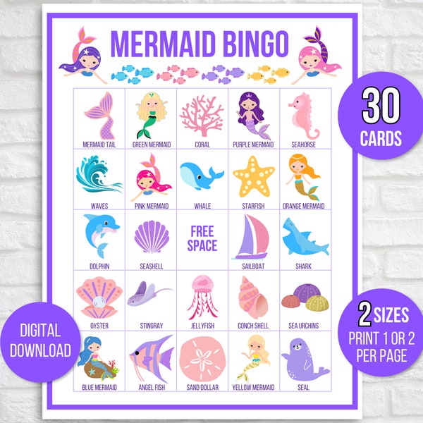 Mermaid Bingo, 30 Unique Printable Mermaid Bingo Cards, Mermaid Game, Mermaid Activity, Kid's Printable Bingo Game, Bingo Game for Kids