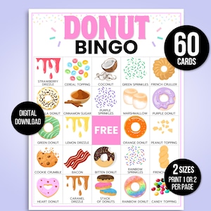 Donut Bingo, 60 Printable Donut Bingo Cards, Donut Birthday, Donut Party Game, Donut Birthday Party, Donut Printable, Donut Games