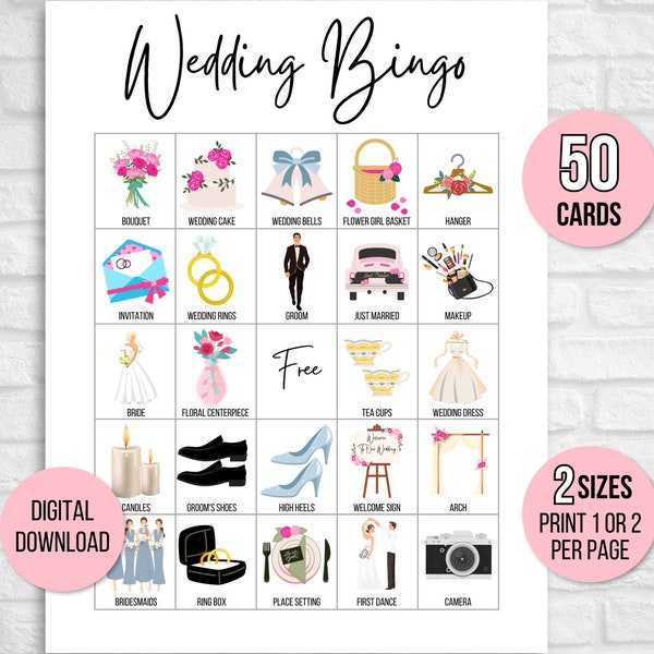 Wedding Bingo Cards, 50 Unique Prefilled Wedding Bingo Game Cards, Bridal Shower Bingo Game, Wedding Game Idea,  Reception Game, Couple Game