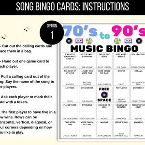 70s, 80s, 90s Music Bingo, Decades of Hits Bingo, 70s to 90s Bingo, 70s Music Bingo, 80s Music Bingo, 90s Music Bingo, 50 Music Bingo Cards