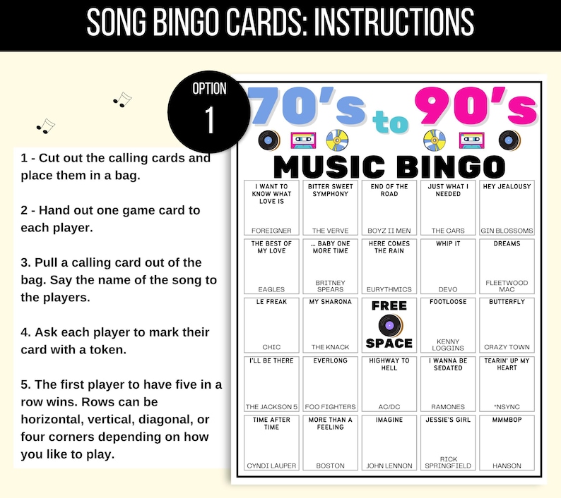 70s, 80s, 90s Music Bingo, Decades of Hits Bingo, 70s to 90s Bingo, 70s Music Bingo, 80s Music Bingo, 90s Music Bingo, 50 Music Bingo Cards