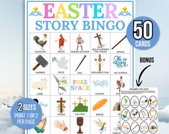 Bingo de Histórias de Páscoa, 50 Cartões de Bingo Religioso de Páscoa, Bingo Bíblico de Páscoa, Bingo da Semana Santa, Jogo de Bingo da Ressurreição, Bingo do Domingo de Páscoa
