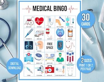 Medische bingo, 30 afdrukbare medische bingokaarten, dokter bingo, verpleegster bingo, verpleegkundige afstuderen partij spel, verpleegkundige pensioen spel, dokter spel