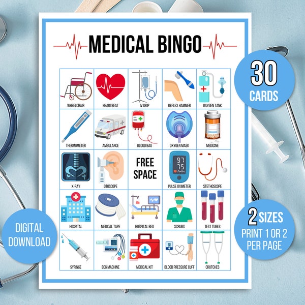 Bingo médical, 30 cartes de bingo médical imprimables, bingo avec le docteur, bingo avec infirmière, jeu de fête de remise des diplômes d'infirmière, jeu de retraite d'infirmière, jeu de docteur