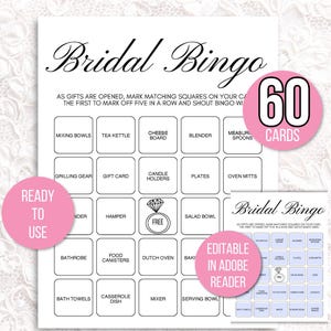 60 cartelas de bingo para noivas, cartelas exclusivas pré-preenchidas para jogo de bingo para noivas, cartelas de bingo para presente de noiva, jogo de bingo editável para chá de panela, bingo para casamento