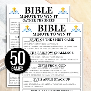 May include: A printable sheet with 50 Bible Minute to Win It game ideas. The games include "Gather the Sheep", "Fruit of the Spirit Game", "The Rainbow Challenge", "Gifts from God", "Eve's Apple Stack Up", and more.
