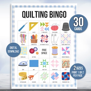 Quiltbingo, 30 afdrukbare quiltbingokaarten, quiltbingo, quiltfeest, quiltspel, quiltbingospel, quiltclubspel, quiltretraite