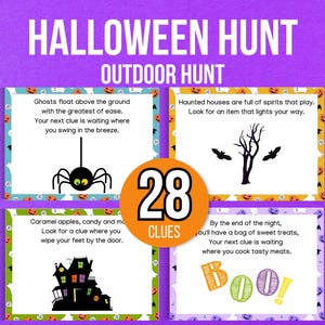 Búsqueda del tesoro de Halloween al aire libre, búsqueda del tesoro de Halloween al aire libre, 28 pistas de búsqueda del tesoro de Halloween, pista de búsqueda del tesoro para niños, juego de Halloween
