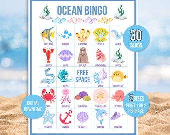 Ocean Bingo, Under the Sea Bingo, 30 Printable Ocean Bingo Cards, Ocean Game, Ocean Activity, Kid's Printable Bingo Game, Bingo for Kids