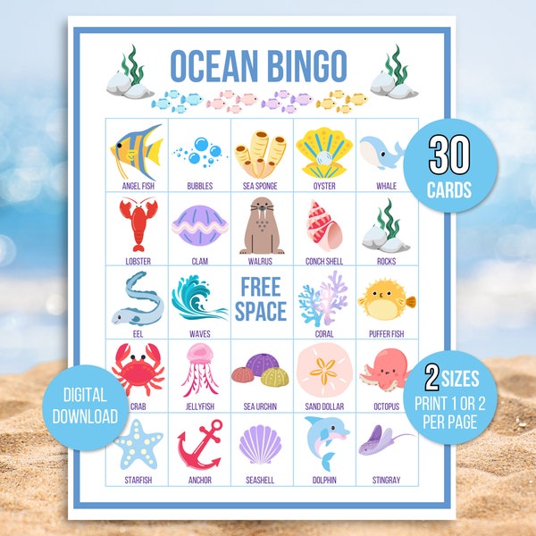 Ocean Bingo, Under the Sea Bingo, 30 Printable Ocean Bingo Cards, Ocean Game, Ocean Activity, Kid's Printable Bingo Game, Bingo for Kids