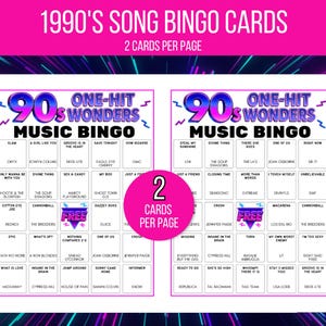 Puede incluir: Un vibrante juego de tarjetas de bingo musical de los a&ntilde;os 90 con un esquema de colores ne&oacute;n. Las tarjetas presentan t&iacute;tulos de canciones y el texto "90's One-Hit Wonders Music Bingo". Cada p&aacute;gina incluye dos tarjetas. Tambi&eacute;n es visible el texto "2 tarjetas por p&aacute;gina".