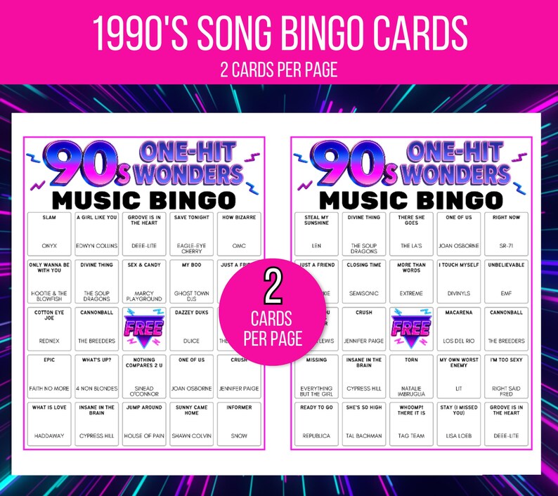 Puede incluir: Un vibrante juego de tarjetas de bingo musical de los a&ntilde;os 90 con un esquema de colores ne&oacute;n. Las tarjetas presentan t&iacute;tulos de canciones y el texto "90's One-Hit Wonders Music Bingo". Cada p&aacute;gina incluye dos tarjetas. Tambi&eacute;n es visible el texto "2 tarjetas por p&aacute;gina".