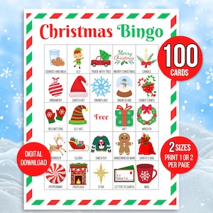 Weihnachtsbingo, 100 Weihnachtsbingokarten, Weihnachtsaktivität, Kinderweihnachtsfeierspiel, Weihnachtsklassenzimmer Aktivität, niedliches Weihnachtsspiel
