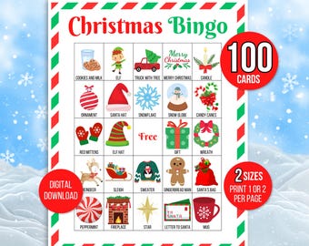 May include: A printable Christmas Bingo card with 24 squares featuring various Christmas-themed images, such as a snowman, a candy cane, a gift, and a fireplace. The card is designed for a digital download and includes the text "100 Cards" and "2 Sizes Print 1 or 2 per page".