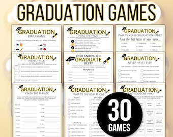Puede incluir: Un conjunto de 30 juegos imprimibles para fiestas de graduación. Los juegos están diseñados para jugarse en una fiesta de graduación e incluyen actividades como adivinar palabras relacionadas con la graduación, completar frases y encontrar a alguien que coincida con una descripción. Los juegos están impresos en papel blanco con texto negro y dorado.