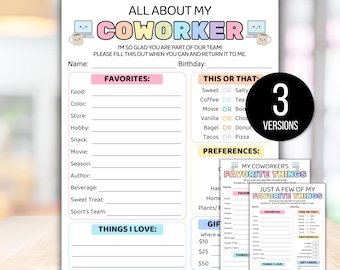 Employee Favorite Things Survey, All About My Coworker, Employee Favorite Things, Get to Know the Coworker Questionnaire, Staff Appreciation