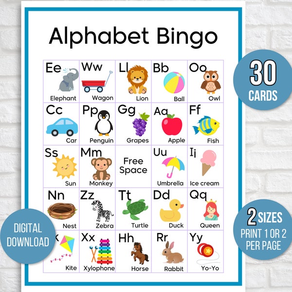 Picture Alphabet Bingo, 30 Printable Alphabet Bingo Cards, ABC Practice, ABC Bingo, Learn Letters Bingo, ABC Bingo, Learn ABCs Bingo, 5x5