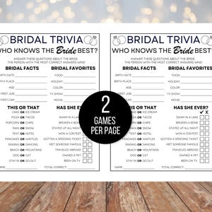 Puede incluir: Dos tarjetas de trivia de boda imprimibles en blanco y negro. Cada tarjeta tiene el t&iacute;tulo "Bridal Trivia: Who Knows the Bride Best?" y est&aacute; dividida en dos secciones: "Bridal Facts" y "Bridal Favorites". Las tarjetas incluyen preguntas sobre la fecha de nacimiento de la novia, su lugar de nacimiento, su edad, su primer trabajo, su primer coche, su comida favorita, sus vacaciones, su color, su programa de televisi&oacute;n y su pel&iacute;cula. Las tarjetas tambi&eacute;n incluyen secciones "This or That" y "Has She Ever?" con preguntas de opci&oacute;n m&uacute;ltiple.