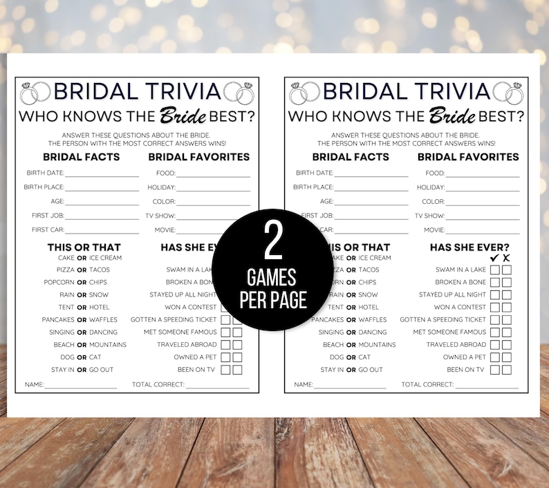 Puede incluir: Dos tarjetas de trivia de boda imprimibles en blanco y negro. Cada tarjeta tiene el t&iacute;tulo "Bridal Trivia: Who Knows the Bride Best?" y est&aacute; dividida en dos secciones: "Bridal Facts" y "Bridal Favorites". Las tarjetas incluyen preguntas sobre la fecha de nacimiento de la novia, su lugar de nacimiento, su edad, su primer trabajo, su primer coche, su comida favorita, sus vacaciones, su color, su programa de televisi&oacute;n y su pel&iacute;cula. Las tarjetas tambi&eacute;n incluyen secciones "This or That" y "Has She Ever?" con preguntas de opci&oacute;n m&uacute;ltiple.