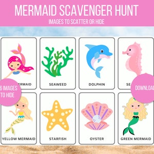 May include: A set of 16 printable images for a mermaid scavenger hunt. The images include a mermaid, seaweed, dolphin, seahorse, yellow mermaid, starfish, oyster, and green mermaid.