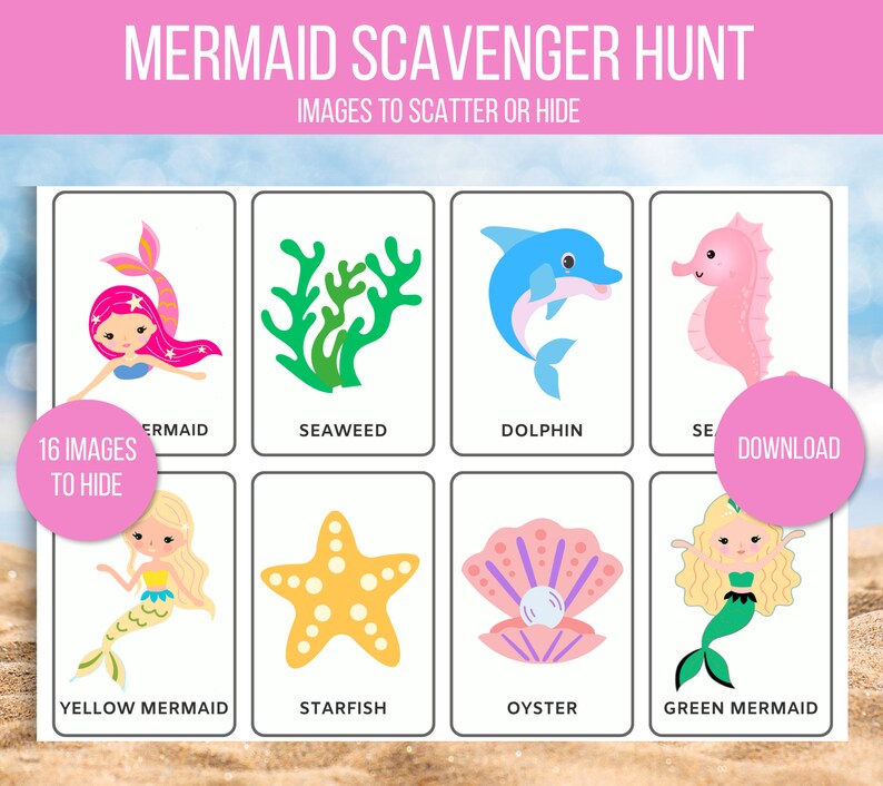 May include: A set of 16 printable images for a mermaid scavenger hunt. The images include a mermaid, seaweed, dolphin, seahorse, yellow mermaid, starfish, oyster, and green mermaid.