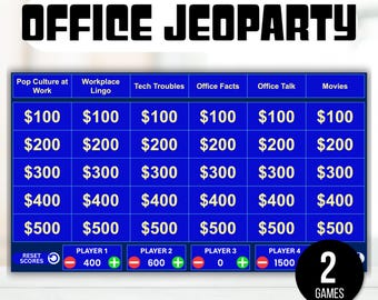 Bewerkbare Office Jeoparty-sjabloon, Office Jeoparty-game, Jeoparty-sjabloon, Jeoparty aanpasbare game, virtueel partyspel, Office Trivia