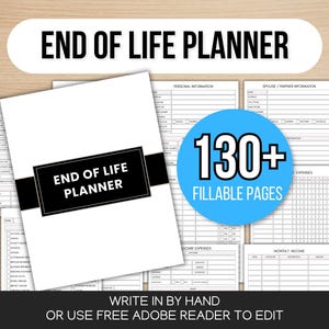 Op de afbeelding: Een witte End of Life Planner met een zwarte band en tekst. De planner bevat meer dan 130 invulbare pagina's. De tekst onderaan luidt: "Schrijf met de hand of gebruik gratis Adobe Reader om te bewerken."