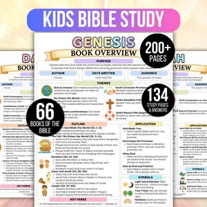 May include: A colorful Kids Bible Study guide with the title "Genesis Book Overview." It includes study pages, answers, and outlines. The guide features key verses, themes, and symbols, with a focus on biblical stories and lessons for children.