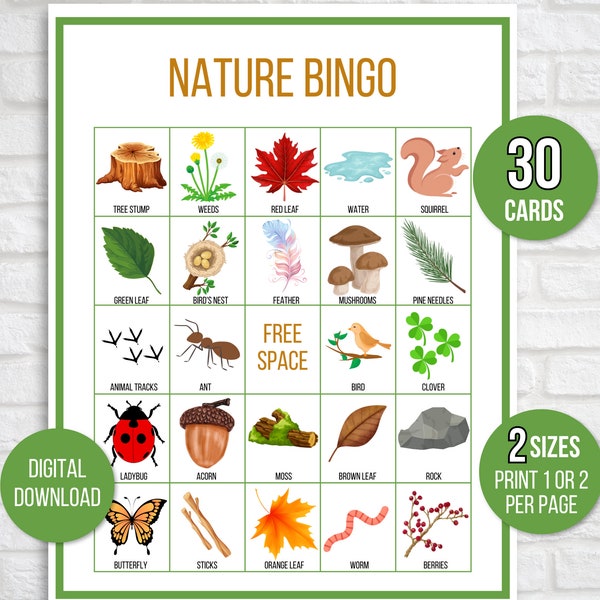 Nature Bingo, 30 Printable Nature Bingo Cards, Nature Party Game, Nature Hike Bingo, Camping Bingo, Nature Scavenger Hunt, Nature Game