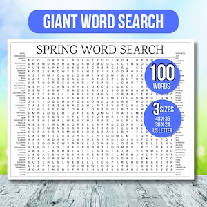 Peut inclure: Un grand jeu de mots sur le thème du printemps avec 100 mots et trois tailles : 122 x 91 cm, 91 x 61 cm et format US Letter. Le puzzle présente des mots liés au printemps, sur fond vert clair et bleu.