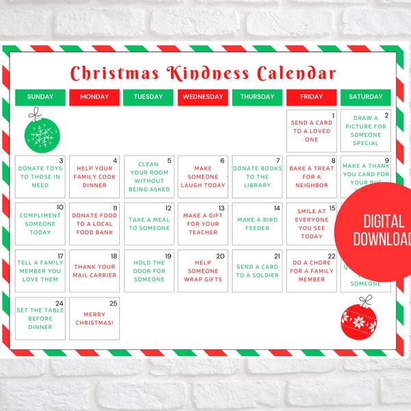 Christmas Acts of Kindness Calendar, Kids Advent Calendar, Kindness Challenge, Season of Giving, Christmas Countdown, Advent Activities