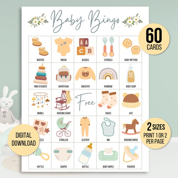 Bingo pour bébé, 60 cartes de bingo pour bébé, Bingo pour baby shower, Jeu de baby shower, Activité baby shower, Bingo bébé imprimable, Bingo bébé neutre