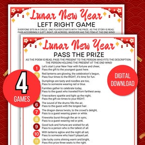 May include: A festive Lunar New Year game set with two game sheets and a red circle with the text "4 GAMES". The game sheets have red and gold accents and the text "Lunar New Year". A digital download is available.