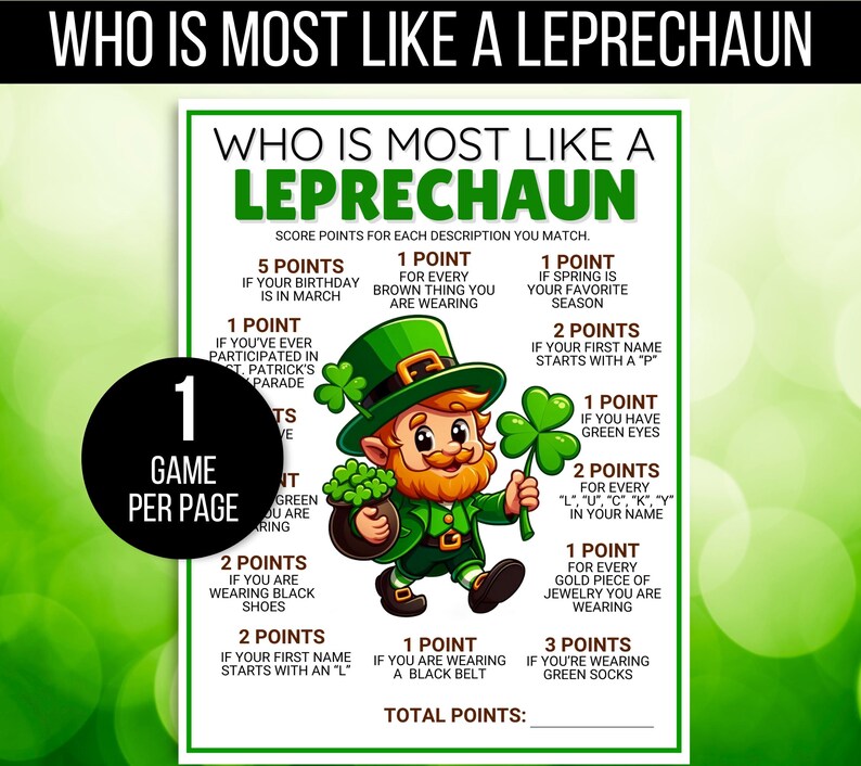 St. Patrick's Day Game, Who is Most Like a Leprechaun Game, St. Patrick's Day Activity, St. Patrick's Day Games for Kids, Leprechaun Game